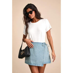 Lulus Eileen Light Wash Denim Faux-wrap Mini Skirt Blue - Size M